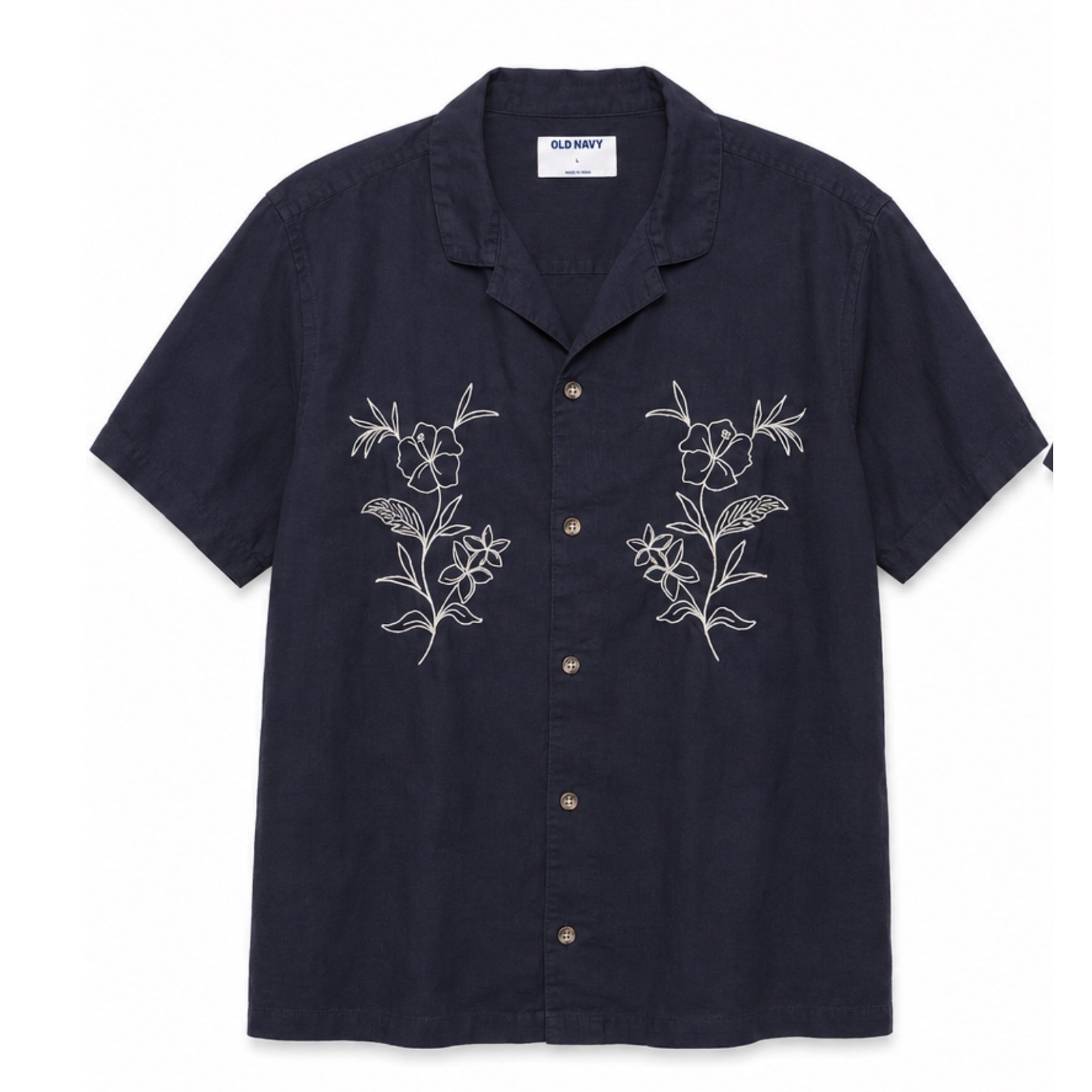 Old Navy Mens Navy Blue Floral Embroidered Cotton Camp Collar Shirt Large